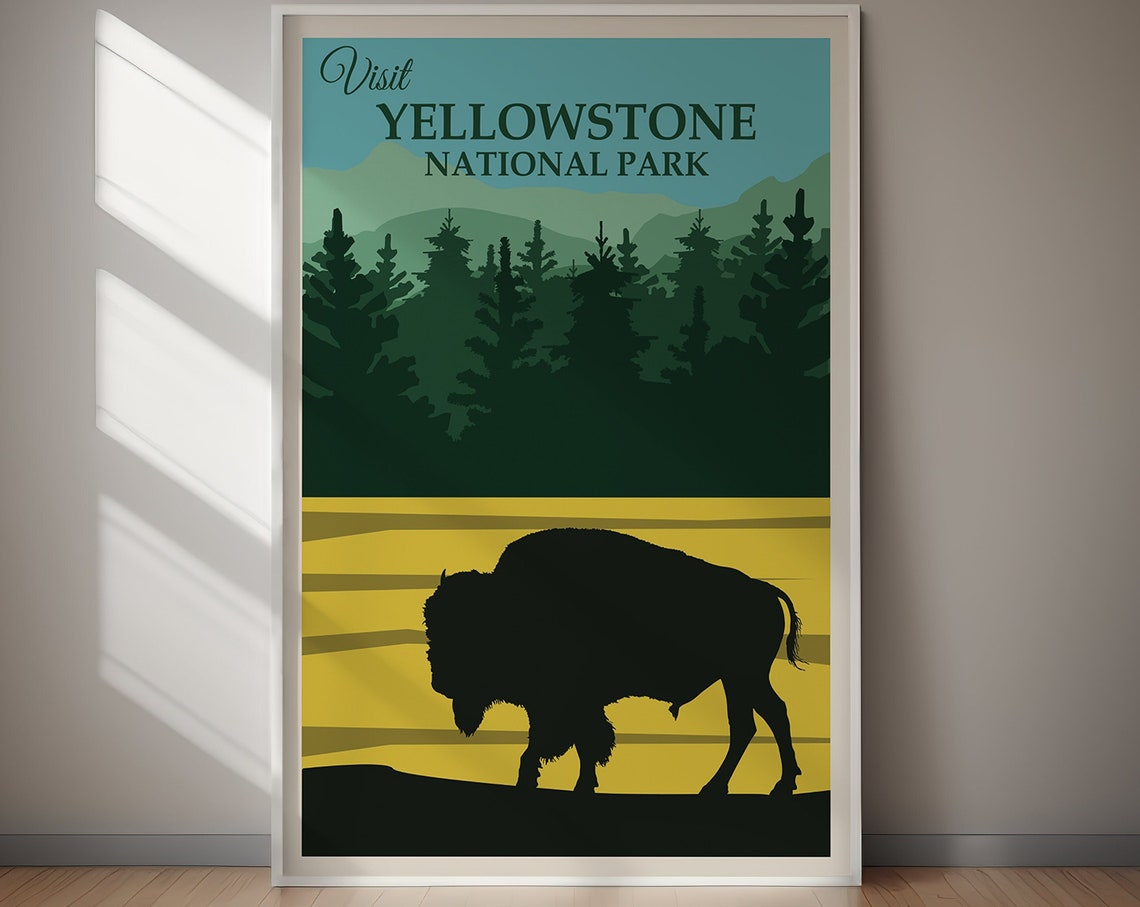Visit Yellowstone National Park Bison Pine Forest Vintage Poster