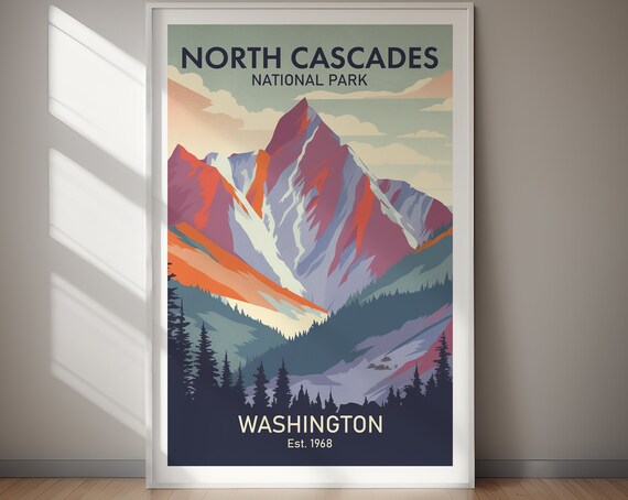 North Cascades National Park Jagged Peaks Retro Travel Poster Art