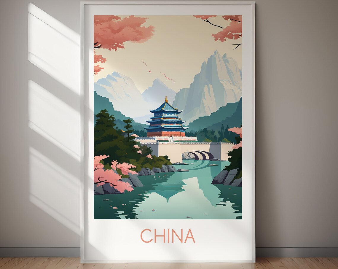 China Pagoda Lake Spring Blossom Mountains Vintage Travel Poster
