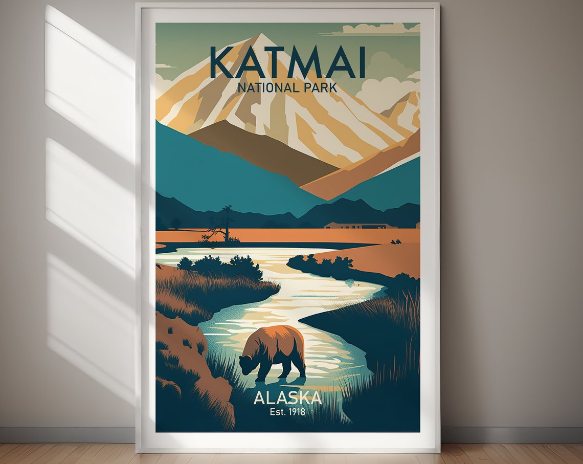 Katmai National Park Alaska Brown Bear River Mountain Art Poster