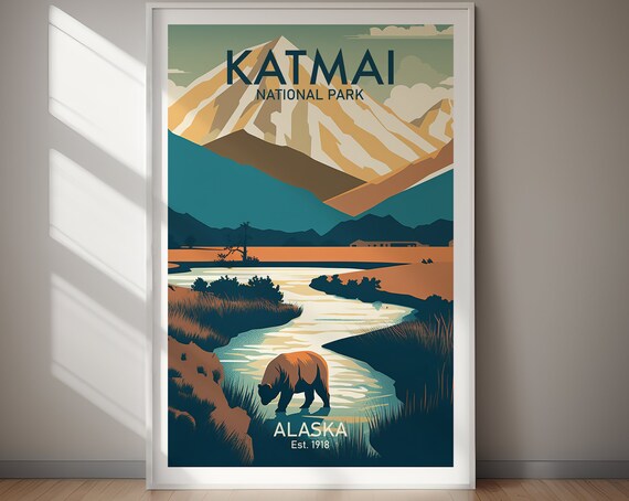 Katmai National Park Alaska Brown Bear River Mountain Art Poster