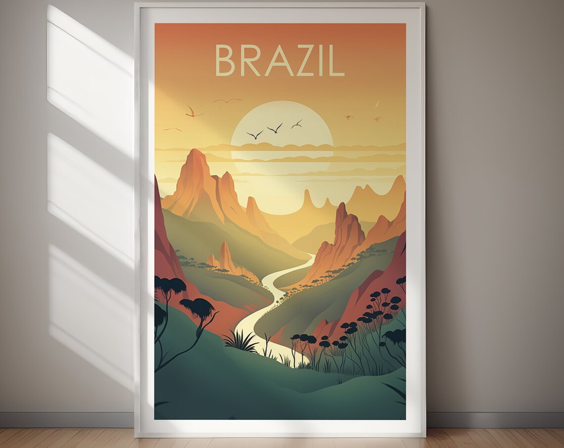 Brazil Golden Sunset Mountains River Vintage Style Travel Poster - Image 2