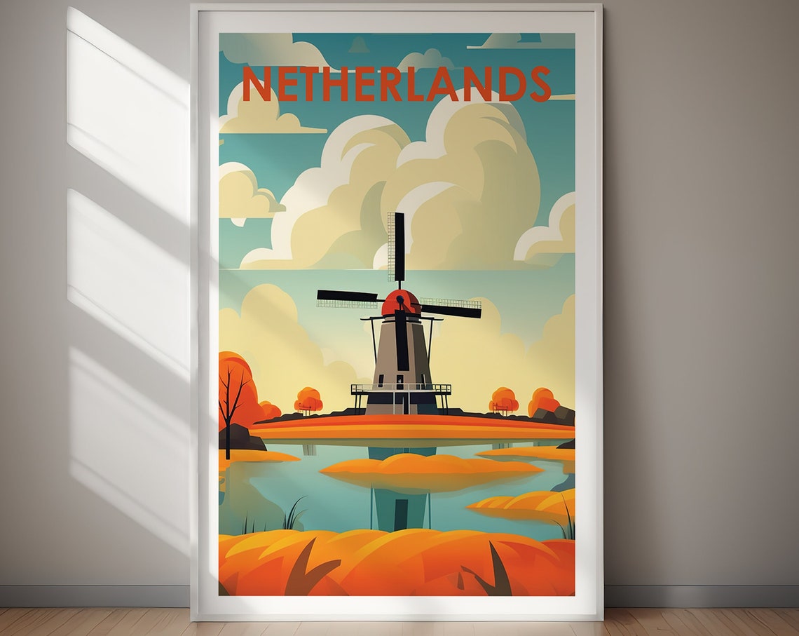 Netherlands Windmill Canal Reflection Autumn Travel Art Poster - Image 2