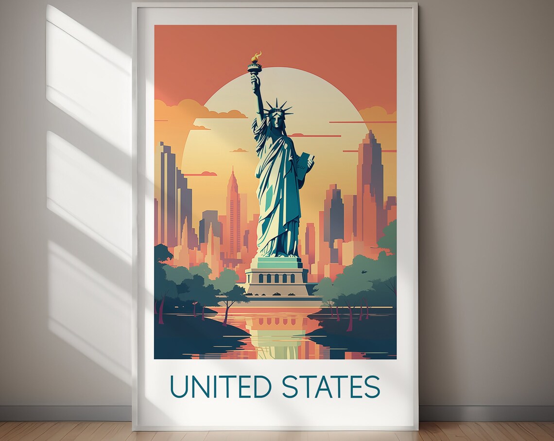 United States Statue of Liberty New York Sunset Travel Poster - Image 2
