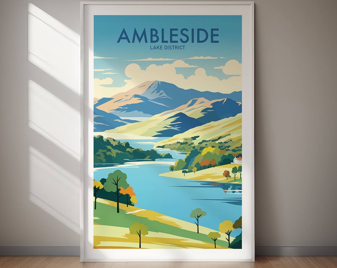 Ambleside Lake District Travel Poster, Wall Art Print