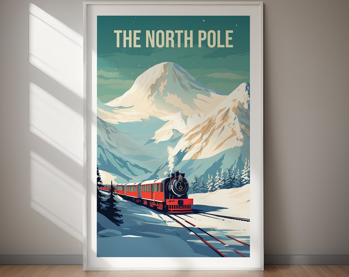 The North Pole Red Steam Train Arctic Mountain Railway Travel Poster