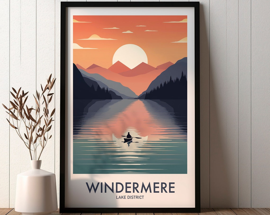 Windermere Lake District Calm Sunset Kayak Vintage Travel Poster