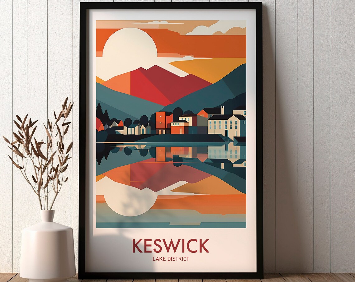 Keswick Lake District Lakeside Sunset Vintage Style Travel Poster