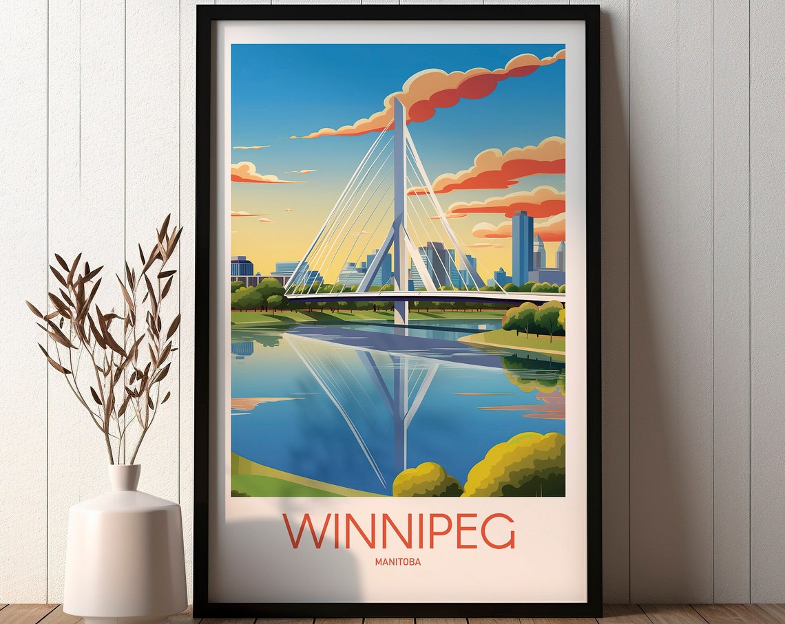 Winnipeg Manitoba Cable Stayed Bridge Sunset Retro Travel Poster