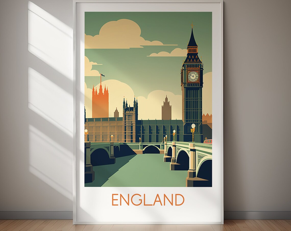 England Big Ben Westminster Bridge London Vintage Travel Poster