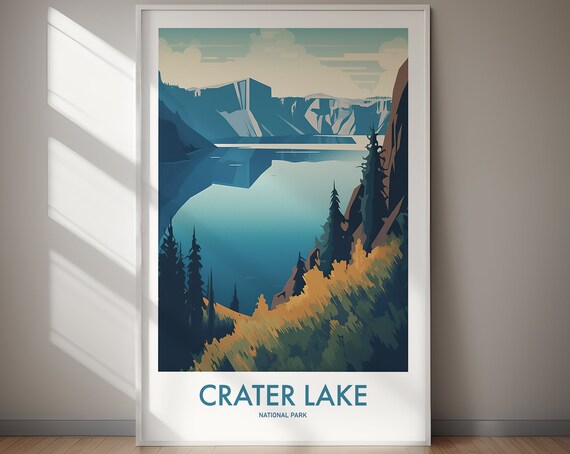 Crater Lake National Park Blue Lake Cliffs Pine Forest Vintage Poster
