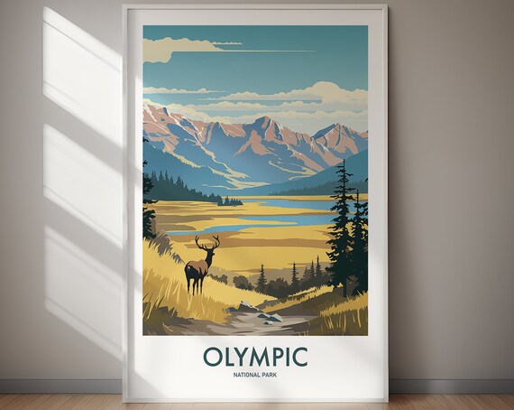 Olympic National Park Elk Meadow Mountain View Vintage Poster
