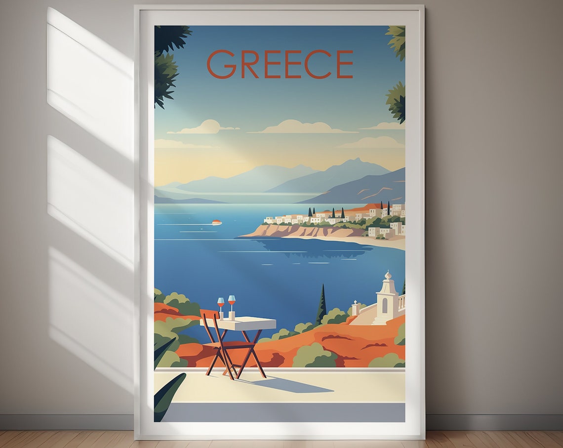 Greece Blue Aegean Coast Terrace Wine Sea View Travel Art Poster - Image 3