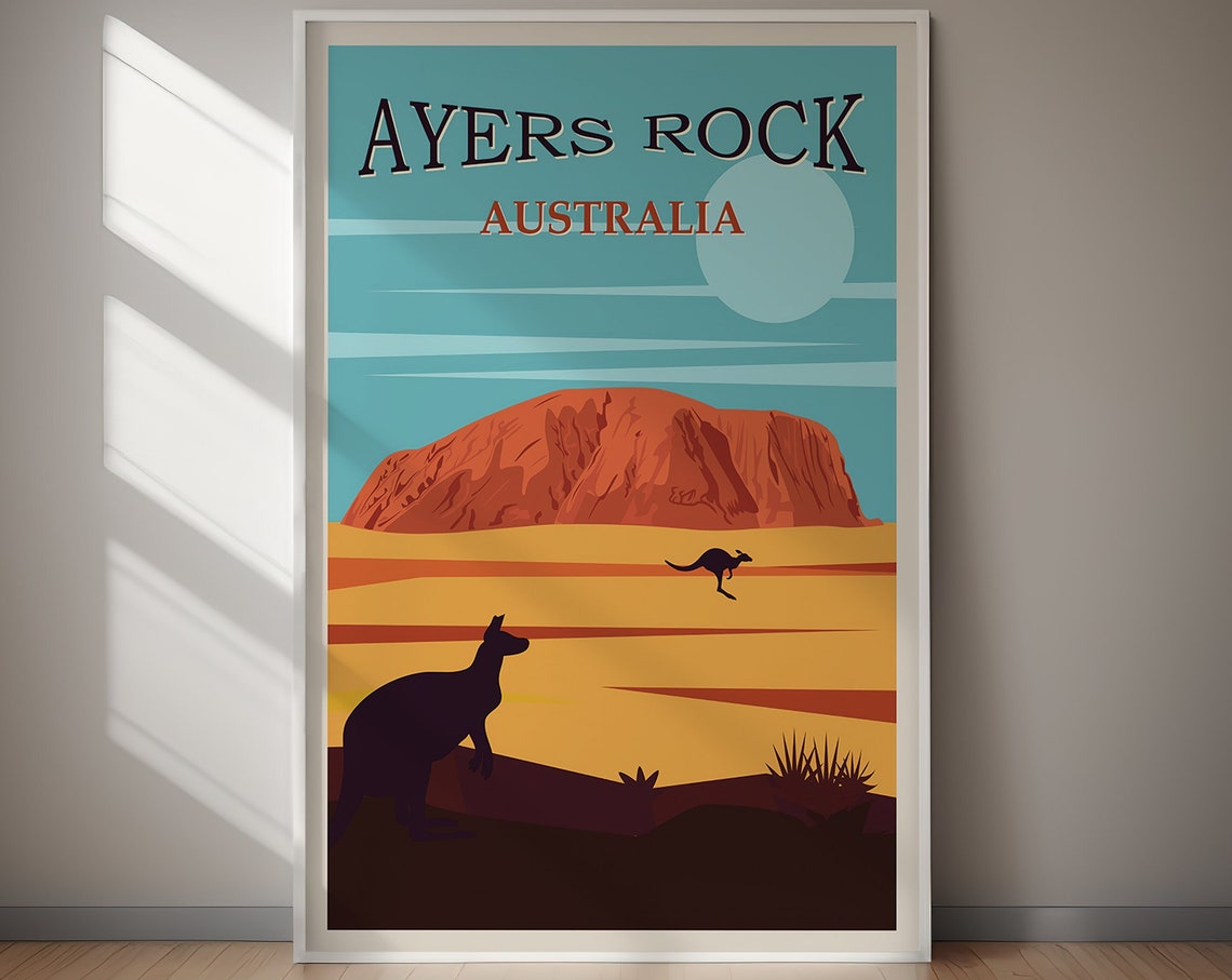 Ayers Rock Australia Kangaroo Desert Golden Sunset Travel Poster
