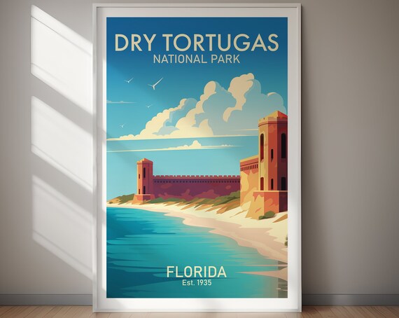 Dry Tortugas National Park Island Fort Retro Travel Poster Beach Art