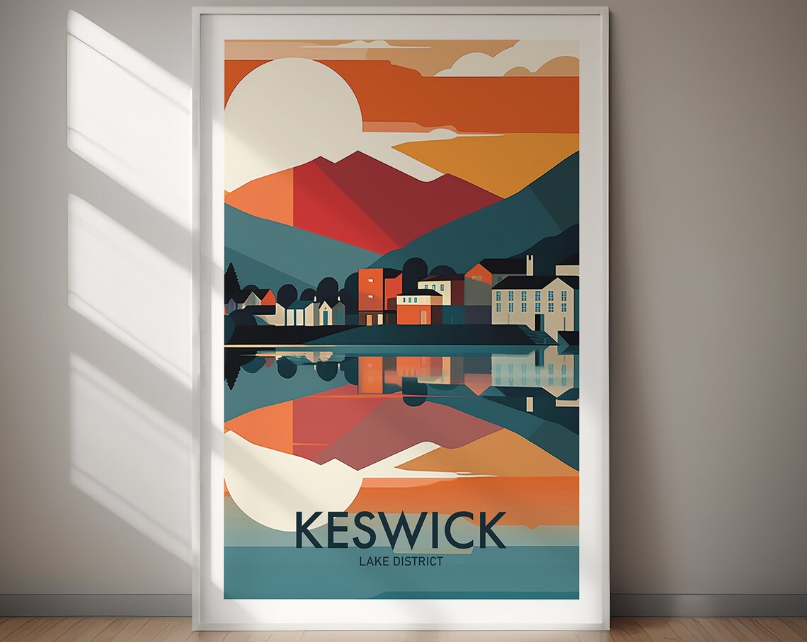 Keswick Lake District Sunset Town By The Still Lake Travel Poster