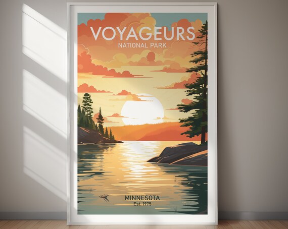 Voyageurs National Park Minnesota Vintage Lake Sunset Pines Poster