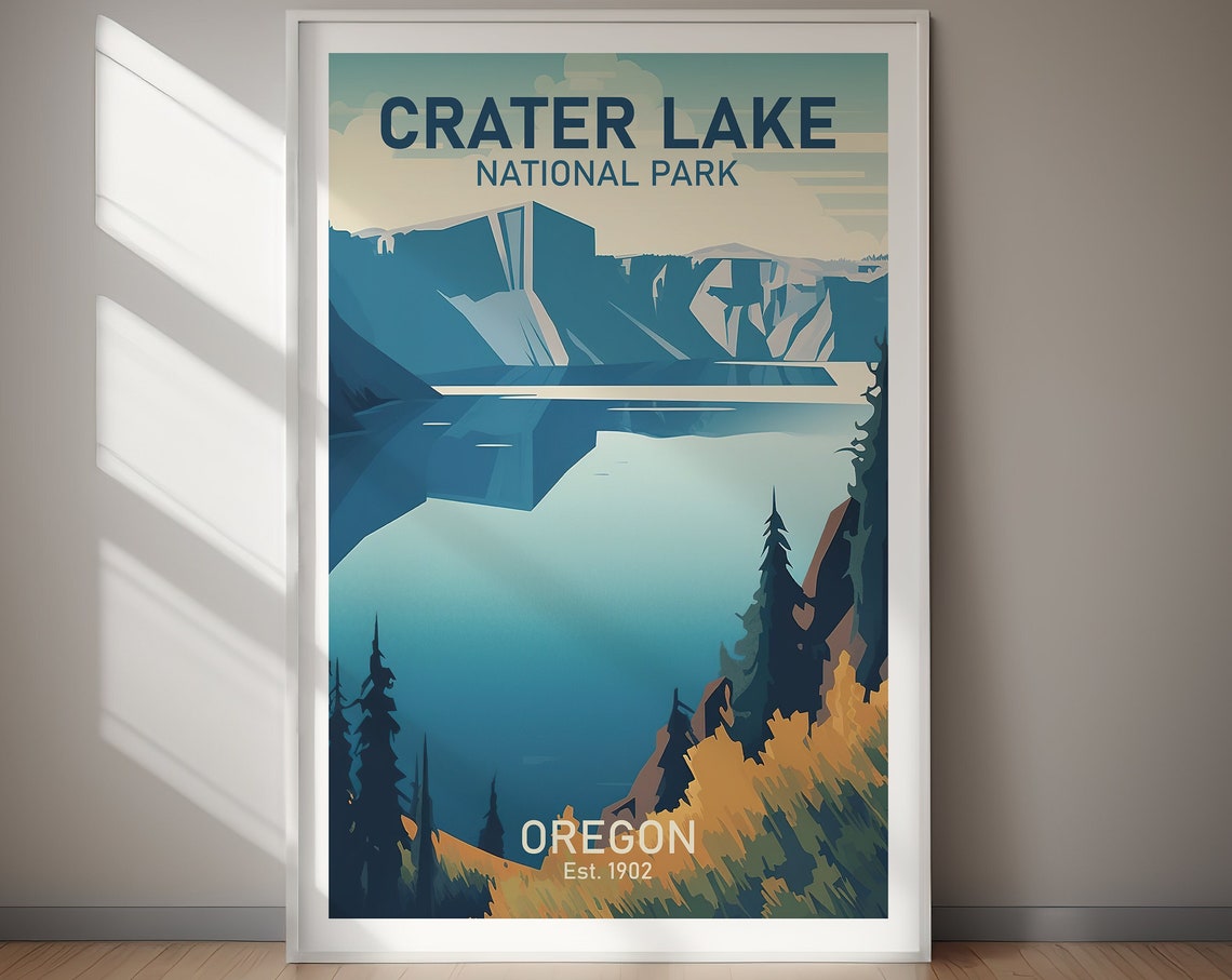Crater Lake National Park Deep Blue Lake Retro Travel Poster Oregon