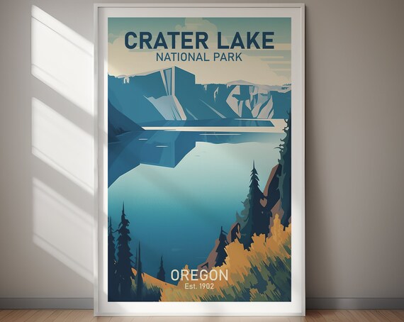 Crater Lake National Park Deep Blue Lake Retro Travel Poster Oregon