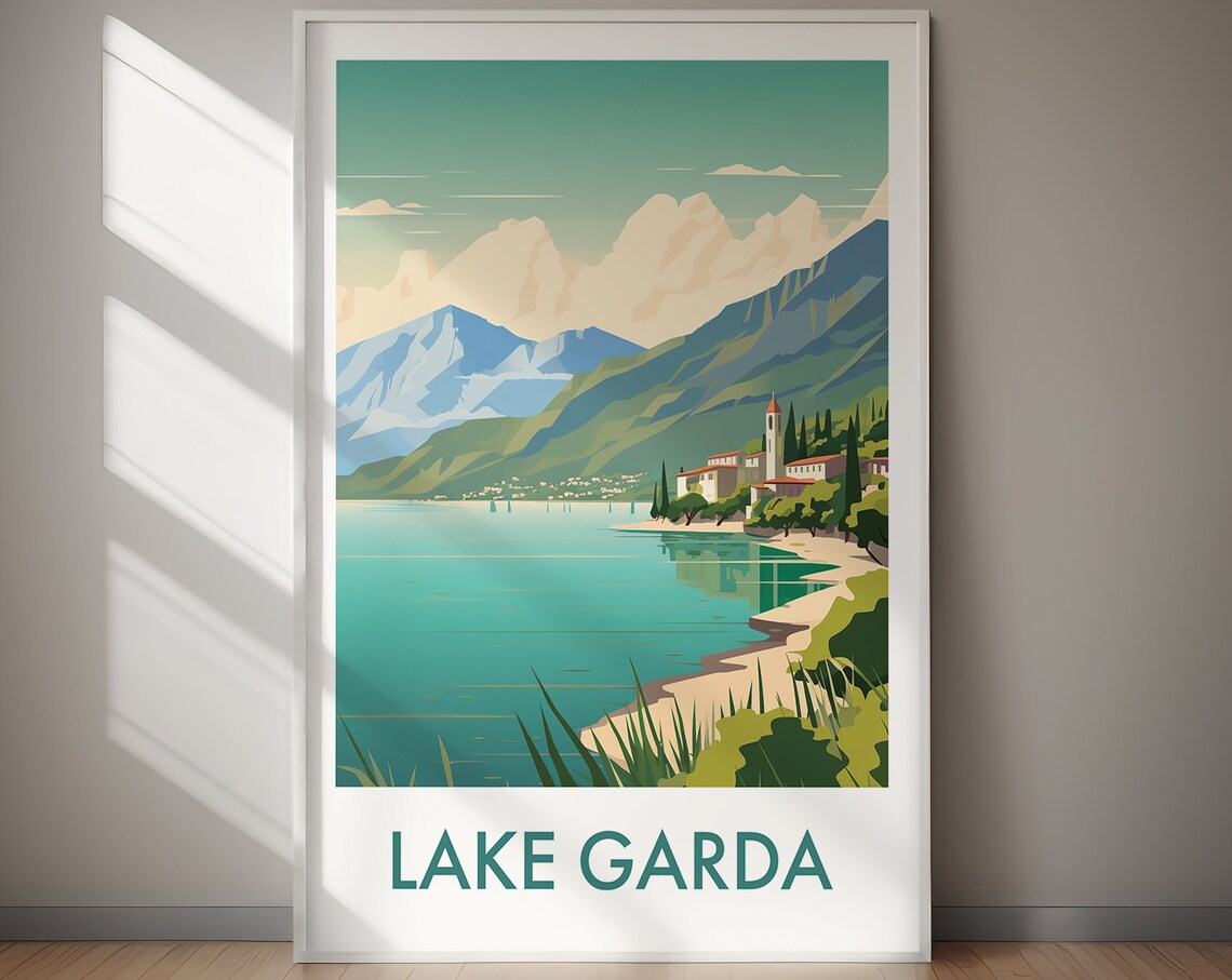 Lake Garda Italy Turquoise Shores Village Tower Vintage Travel Poster - Image 2