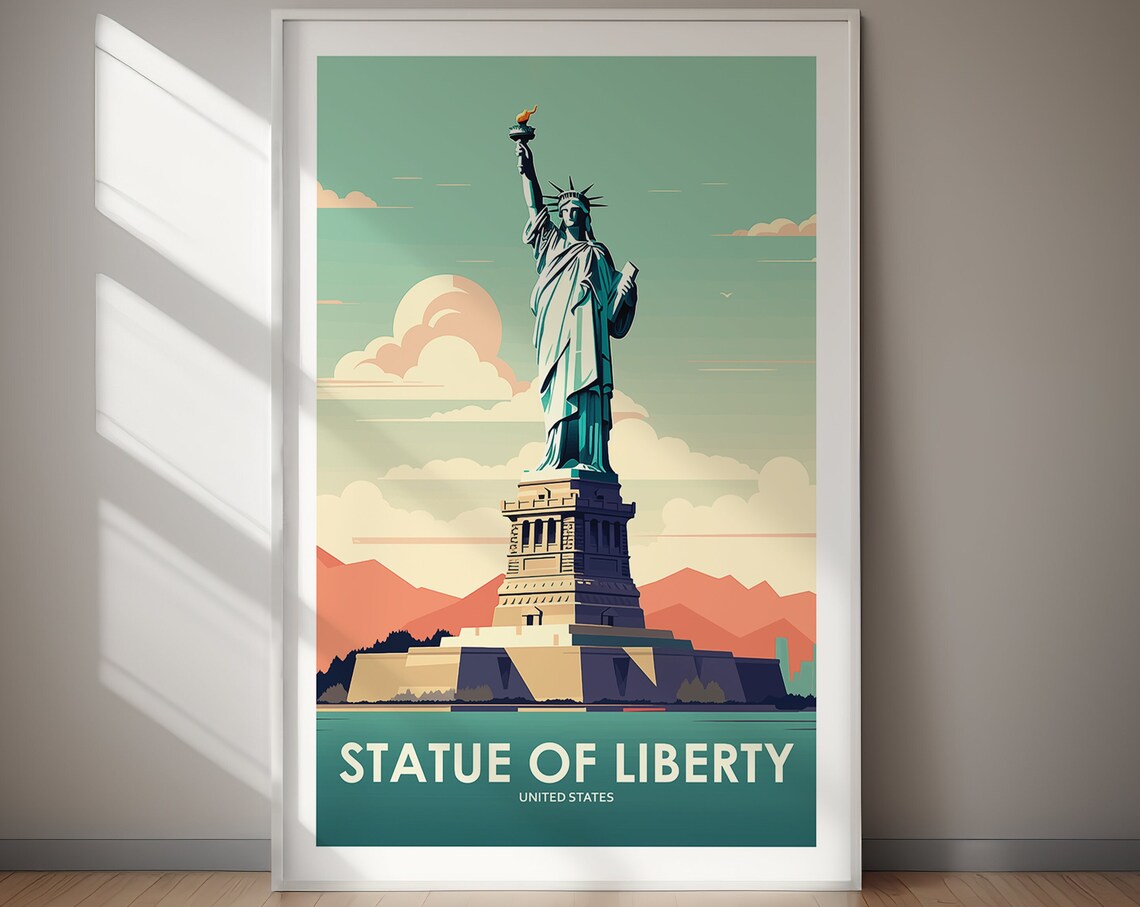 Statue of Liberty Green Retro United States Icon Travel Poster