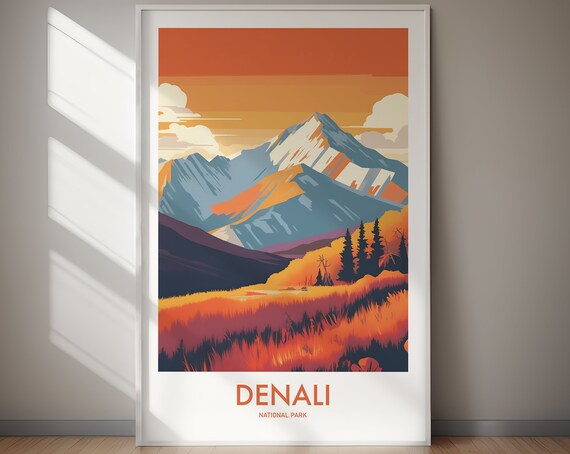 Denali National Park Snowy Mountain Peak Autumn Meadow Poster