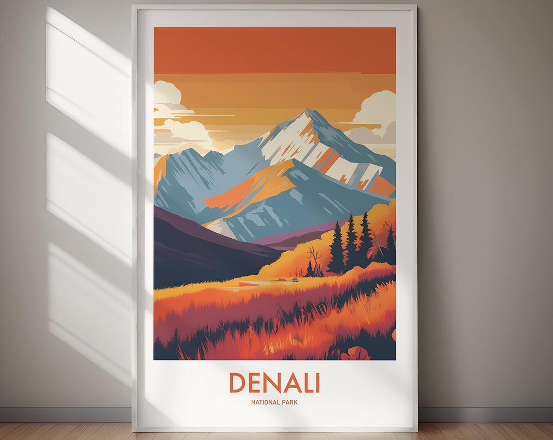 Denali National Park Snowy Mountain Peak Autumn Meadow Poster