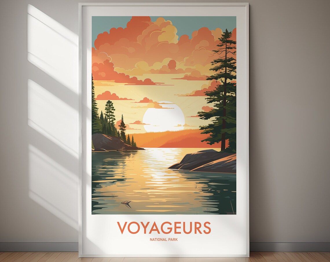 Voyageurs National Park Lake Sunset Pines Retro Travel Art Poster