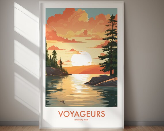 Voyageurs National Park Lake Sunset Pines Retro Travel Art Poster
