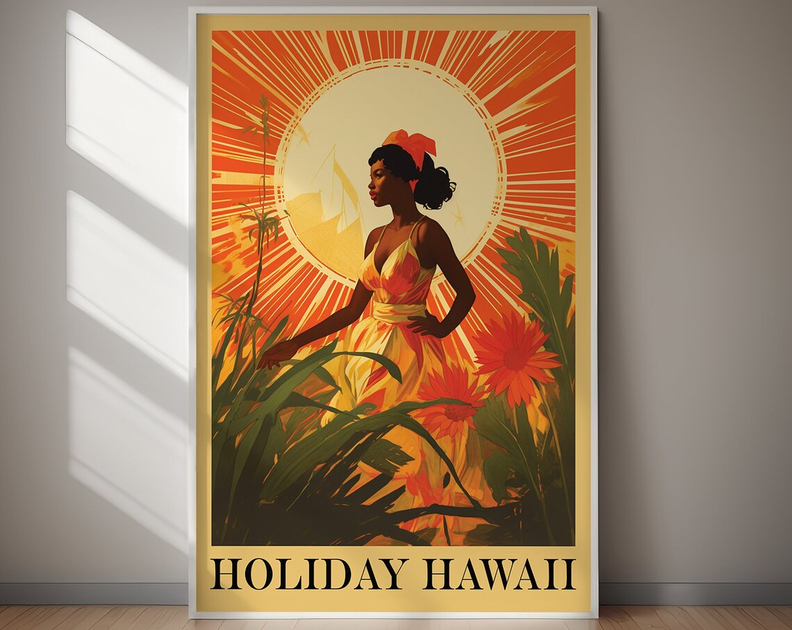 Holiday Hawaii Vintage Woman Orange Sunburst Tropical Poster