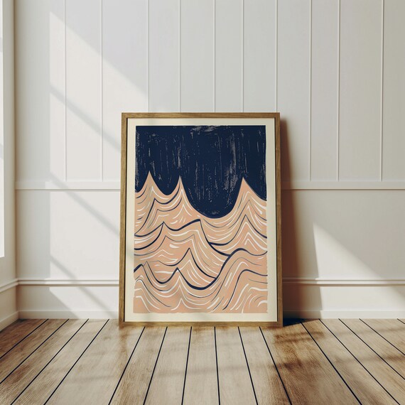 Abstract Navy Blue Beige Ocean Wave Minimalist Coastal Poster