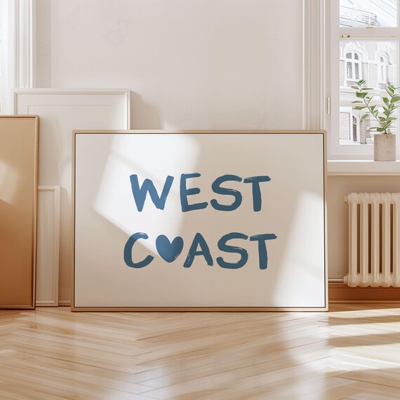 West Coast Blue Heart Brush Letter Coastal Beach House Poster