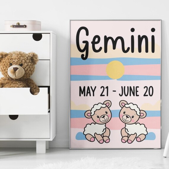 Gemini Zodiac Nursery Poster Cute Twin Lambs Pastel Kids Room Decor