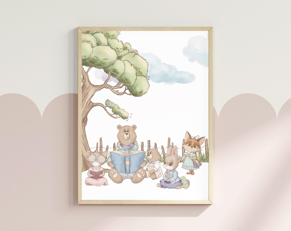 Bear Reading Book To Woodland Animals Watercolor Story Time Poster