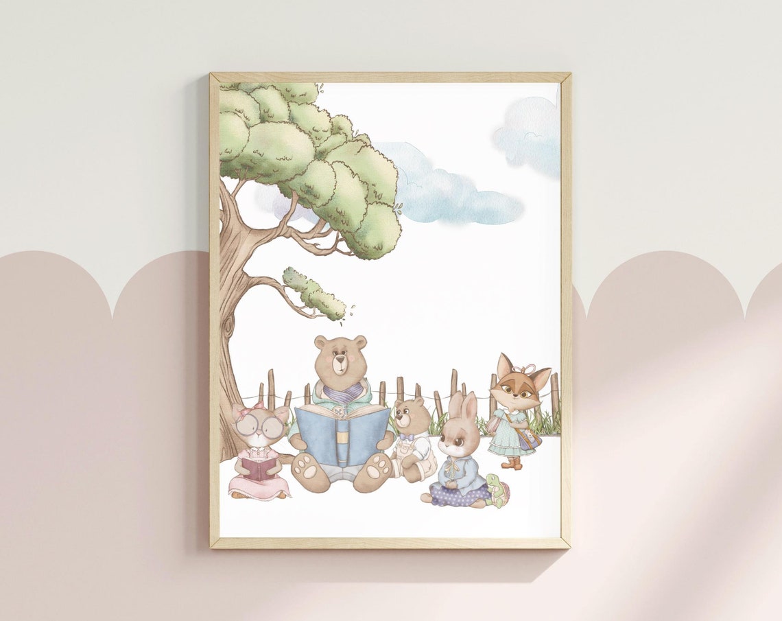 Story Time Under The Old Oak Tree Woodland Animal Art For Girls Room Forest Friends Nursery Art Storytelling Kids Room Print