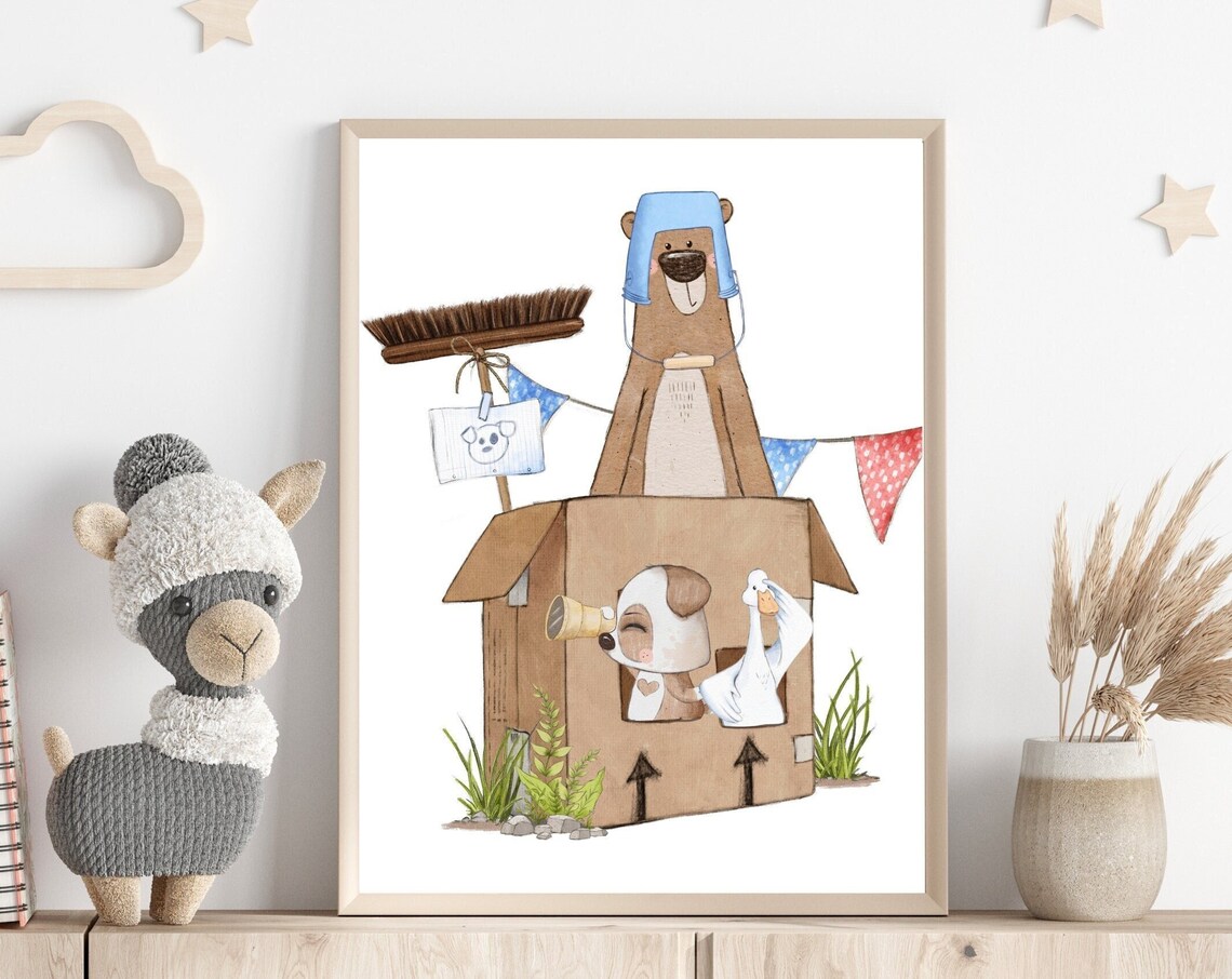 Bear In Cardboard Box With Puppy And Duck Play Watercolor Poster