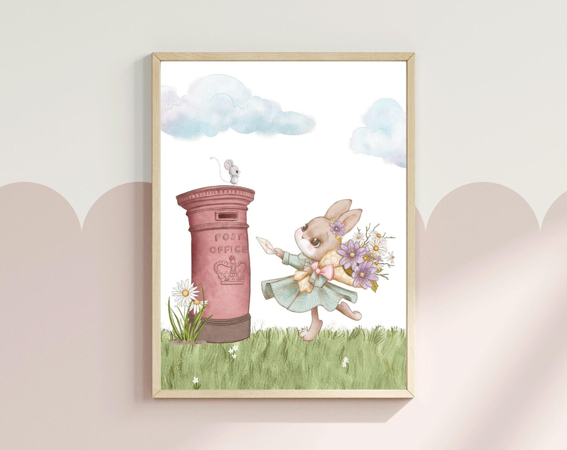 Bunny Girl Mailing Letter Pink Post Office Watercolor Nursery Poster