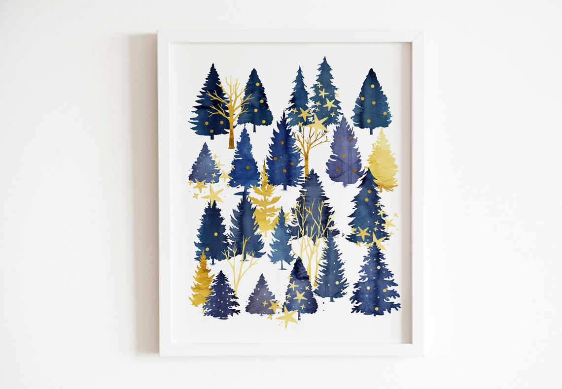 Navy And Gold Watercolor Christmas Trees Holiday Forest Art Poster