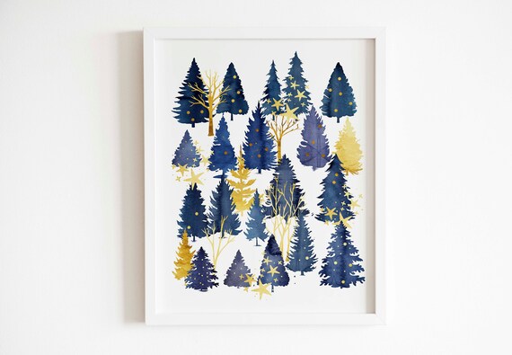 Navy And Gold Watercolor Christmas Trees Holiday Forest Art Poster