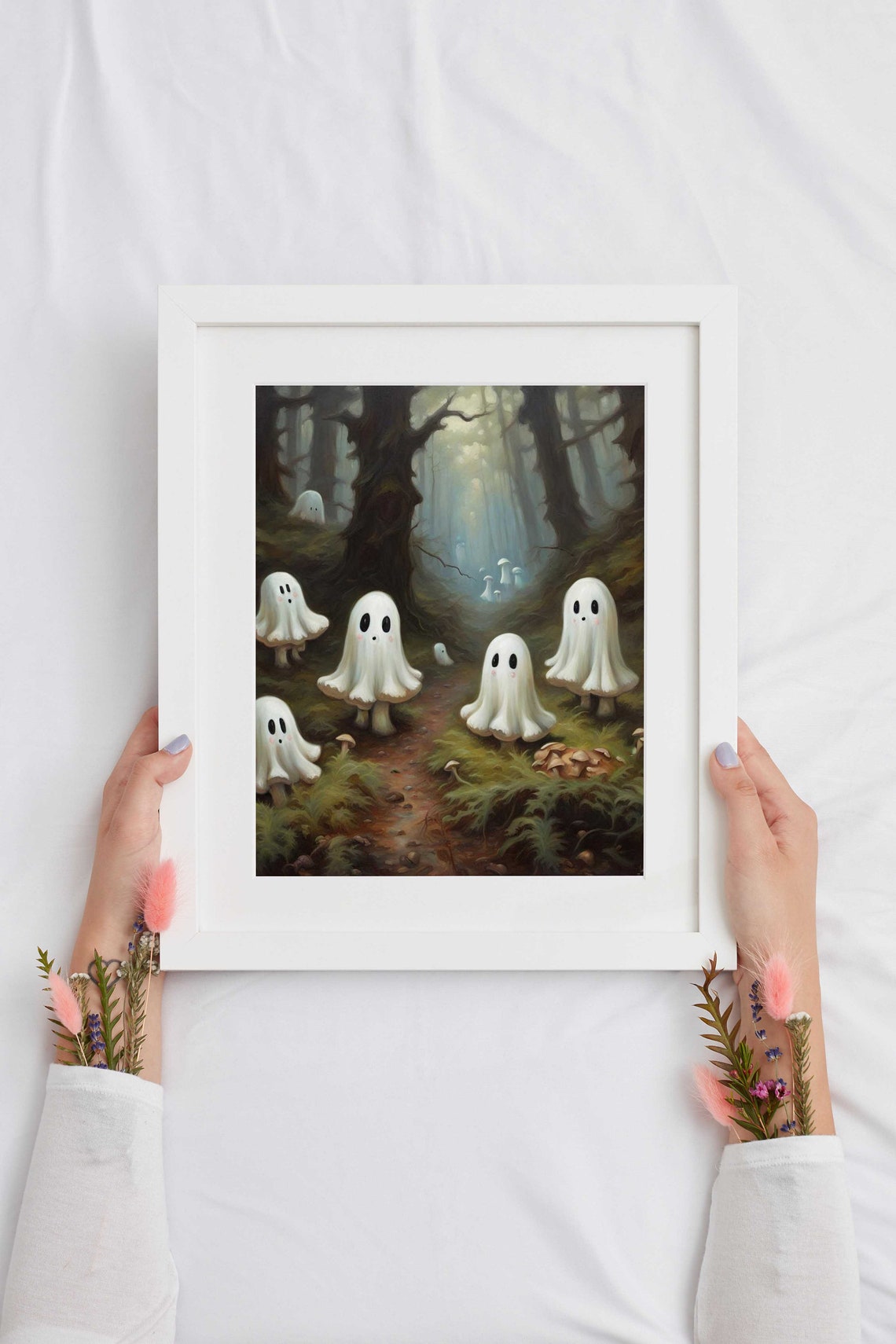 Cute Ghosts In A Forest With Toadstools Wall Art Spooky Art Print Cute Halloween Art - Image 2
