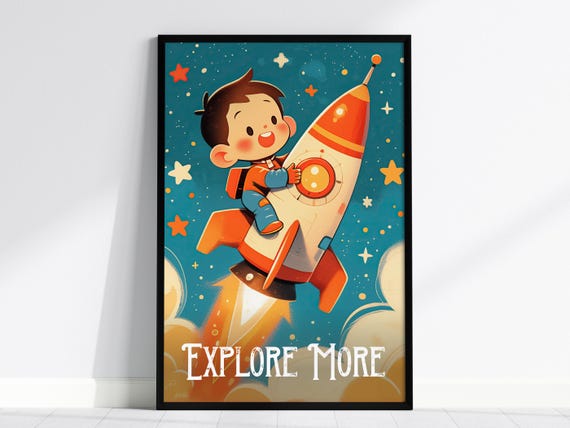 Kids Astronaut Rocket Poster Space Theme Nursery Wall Decor Framed Or Unframed
