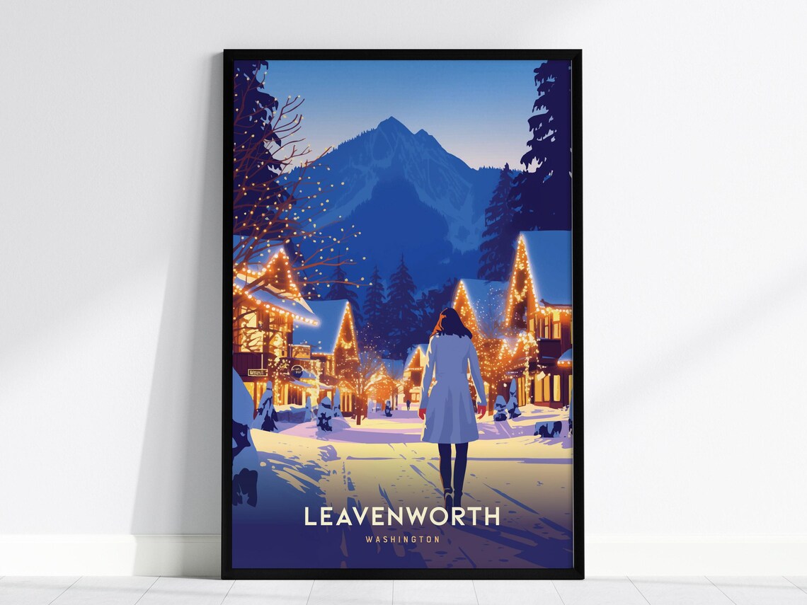 Leavenworth Washington Winter Village Poster Bavarian Lights Snow Scene