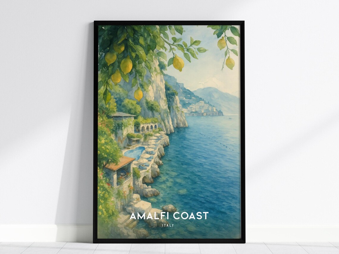 Amalfi Coast Italy Watercolor Travel Poster with Lemons and Cliffs