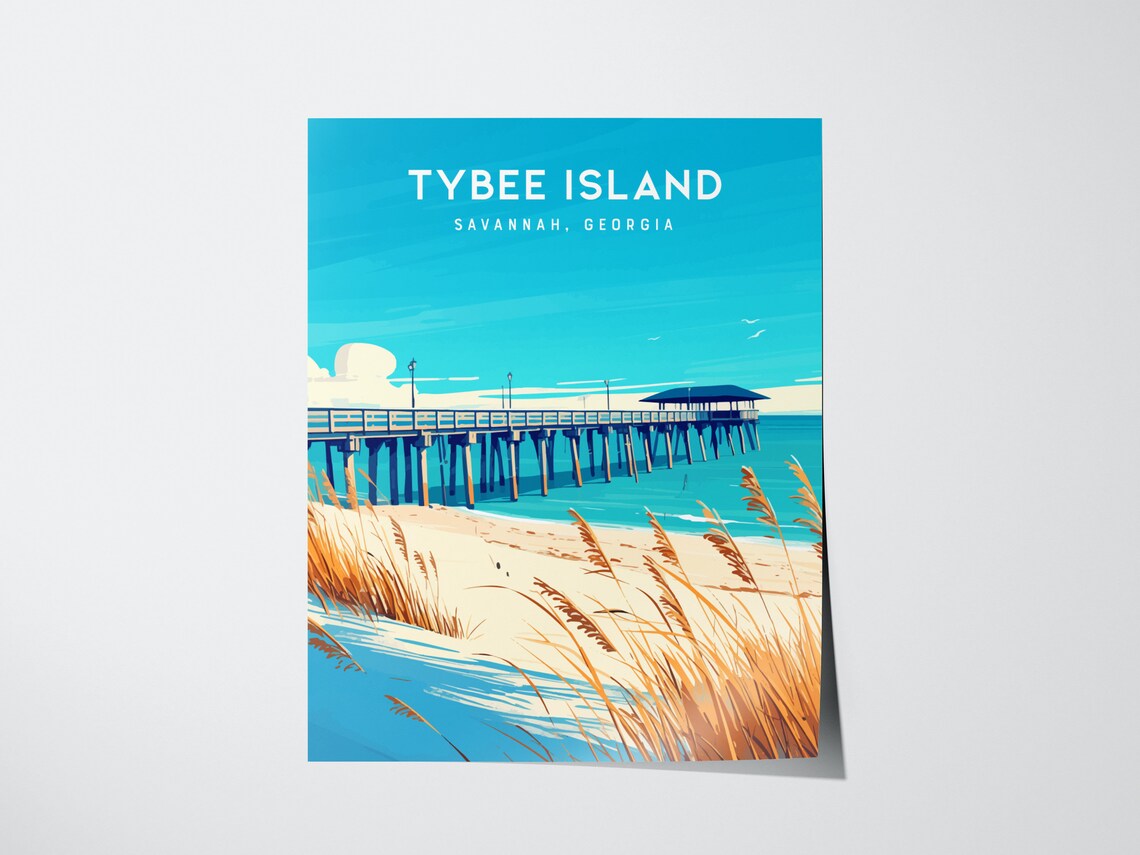 Tybee Island Savannah Georgia Coastal Beach Pier Sunset Illustration Poster