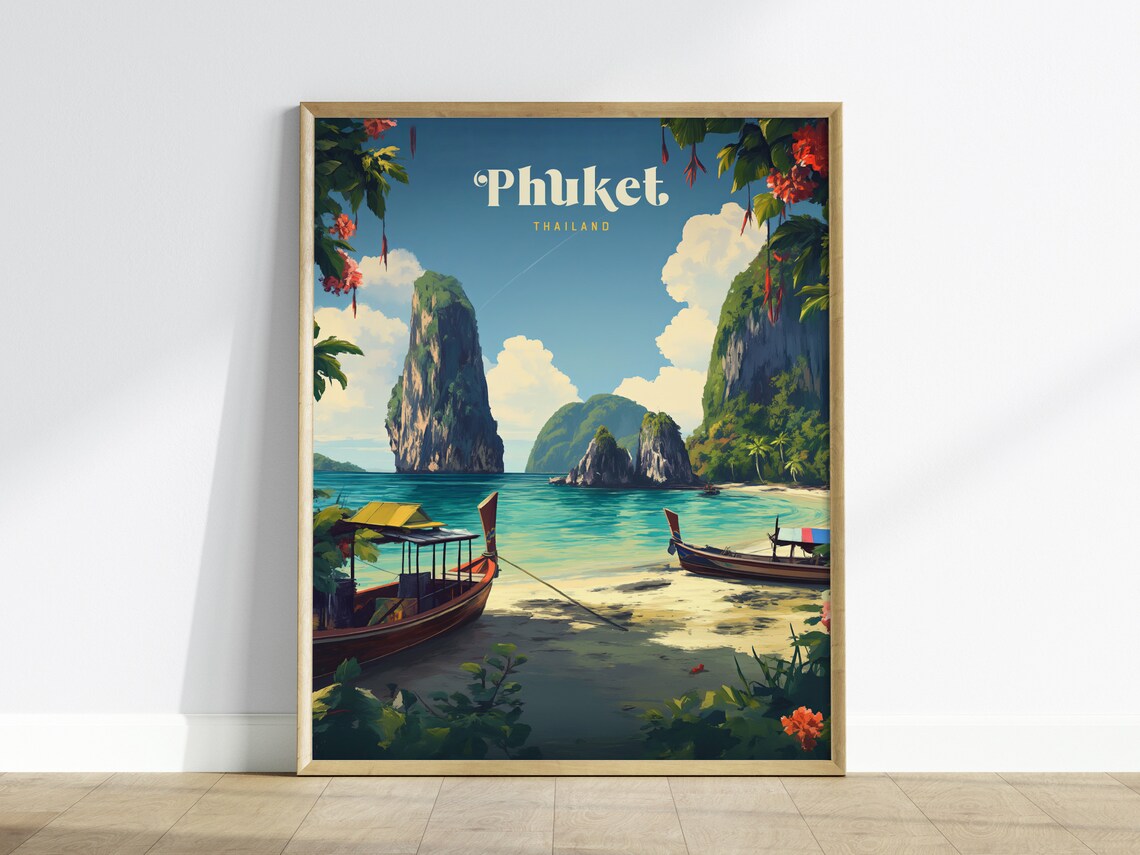 Phuket Thailand Tropical Beach Longtail Boats Vintage Poster