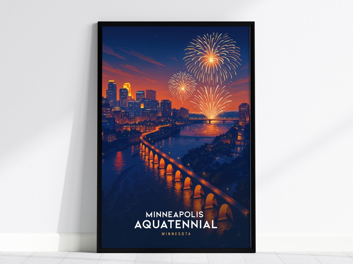 Minneapolis Aquatennial Fireworks Stone Arch Bridge Night Poster