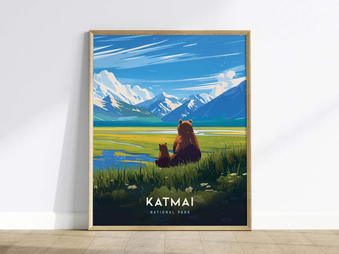 Katmai National Park Bears Alaska Travel Poster Mother and Cub
