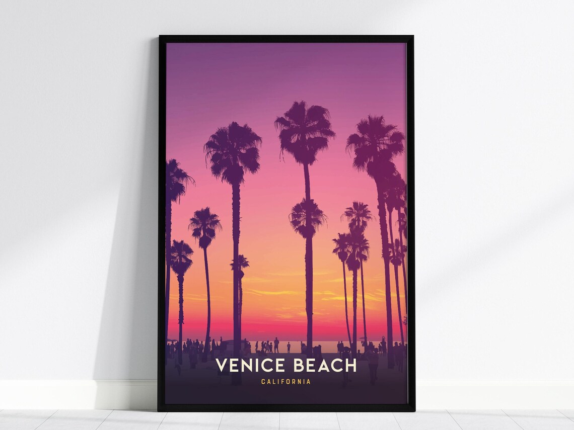 Venice Beach Sunset Travel Poster, Coastal Art