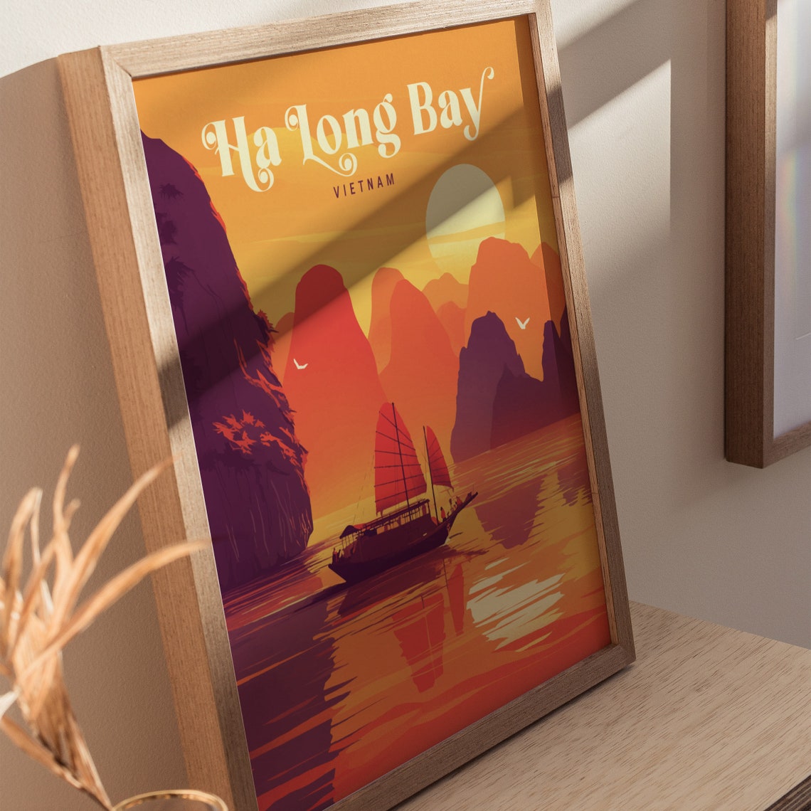 Ha Long Bay Vietnam Golden Sunset Junk Boat Vintage Travel Poster - Image 3