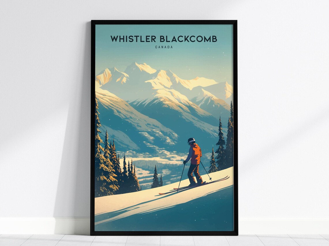 Whistler Blackcomb Canada Skier Snowy Mountain Peak Vintage Travel Poster